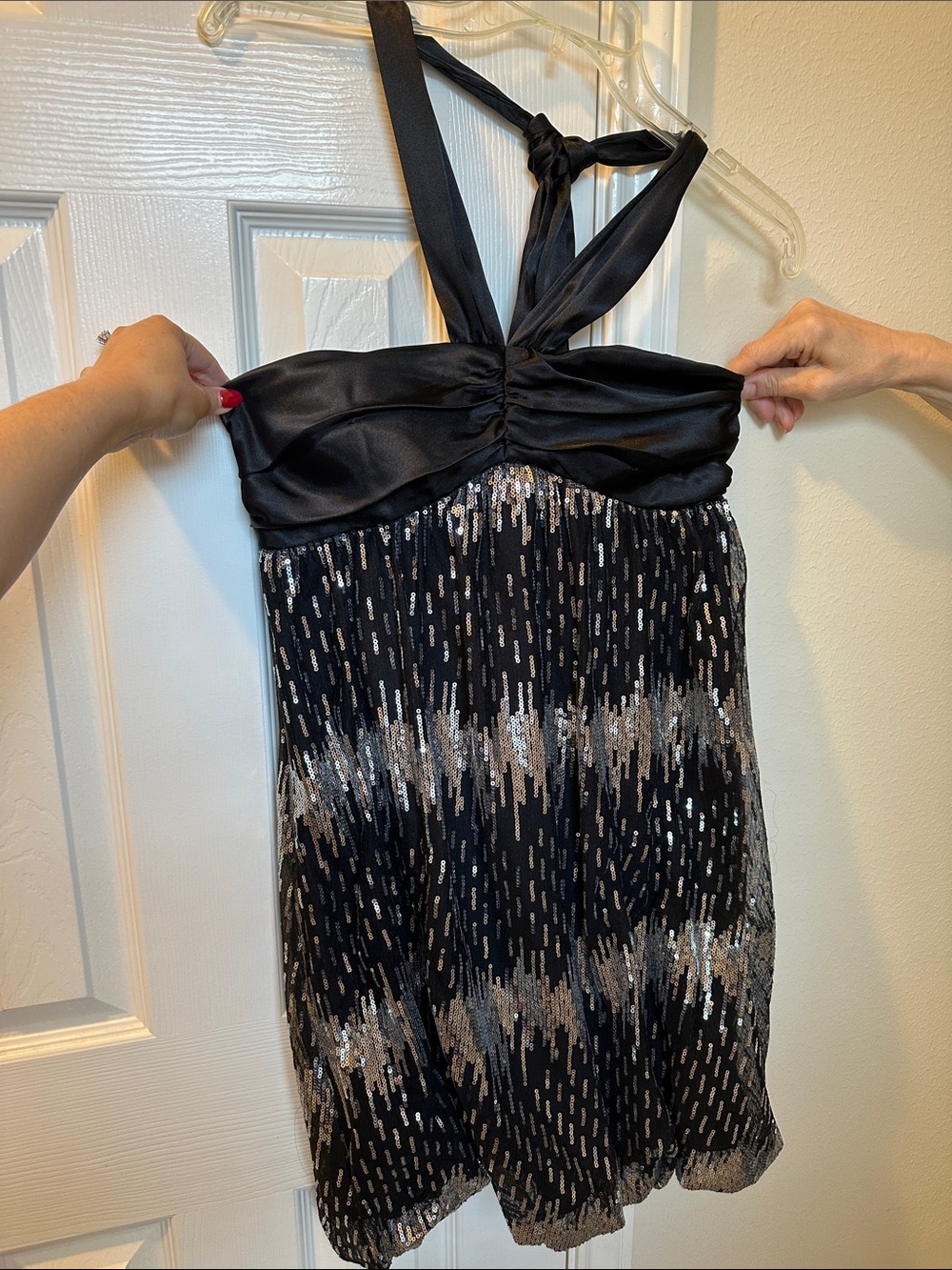 Jodi Kristopher Black Halter Mini Dress with Silver Sequin Accents